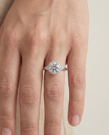 Kai Select Scroll Gallery Halo Round Lab Diamond Engagement Ring in 14K White Gold, shown on hand | RockHer