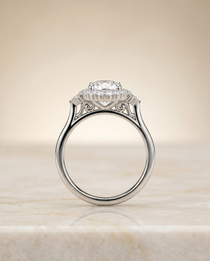 Round Brilliant, Scroll Gallery Halo, in Platinum, pave setting – side profile | RockHer