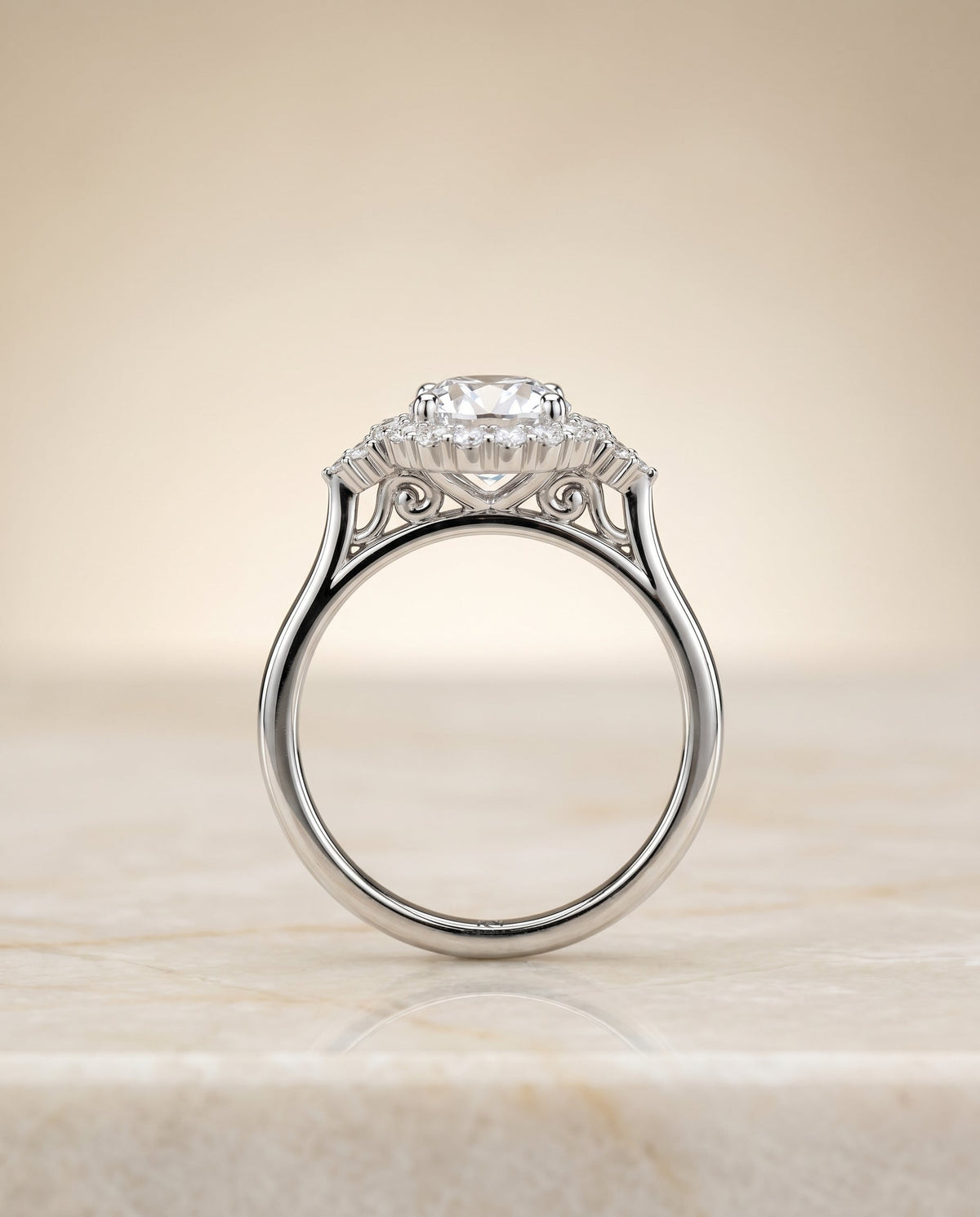 Select Scroll Gallery Halo styling on The Kai round engagement ring setting | RockHer