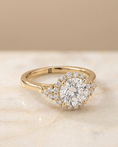 Kai Select Scroll Gallery Halo Round Lab Diamond Engagement Ring in 18K Yellow Gold, alternate angle | RockHer