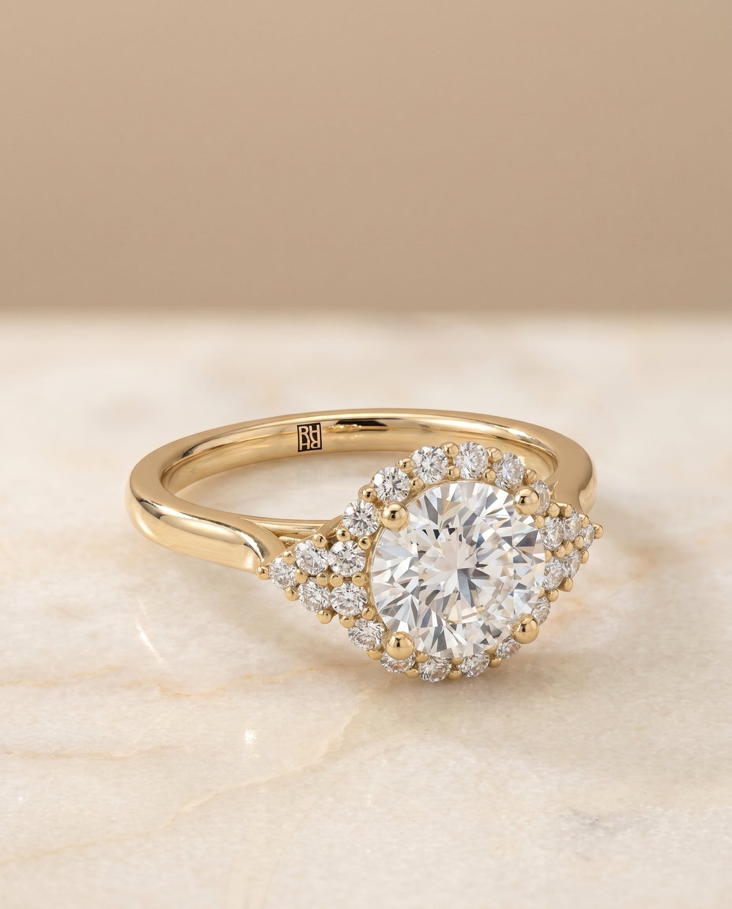 Kai scroll gallery halo engagement ring in 18K yellow gold with round lab diamond — RockHer