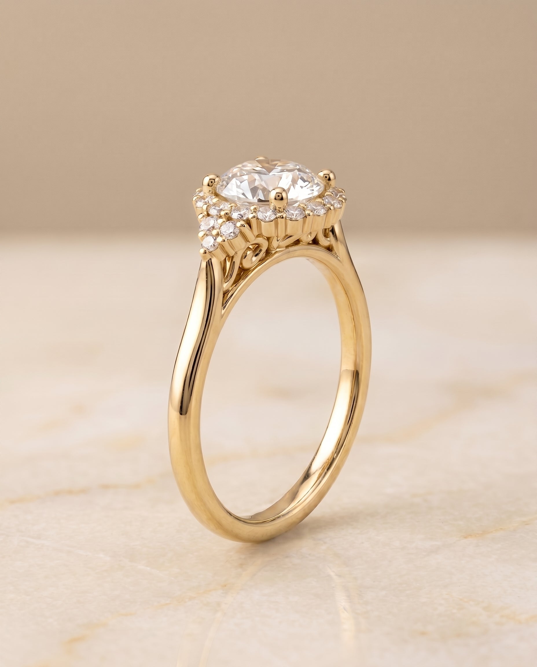 Scroll Gallery Halo styling on The Kai round engagement ring setting | RockHer