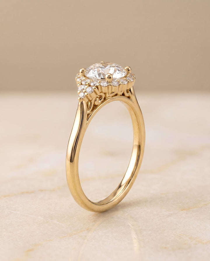 Round Brilliant, Scroll Gallery Halo, in 18K Yellow Gold, pave setting – front view | RockHer
