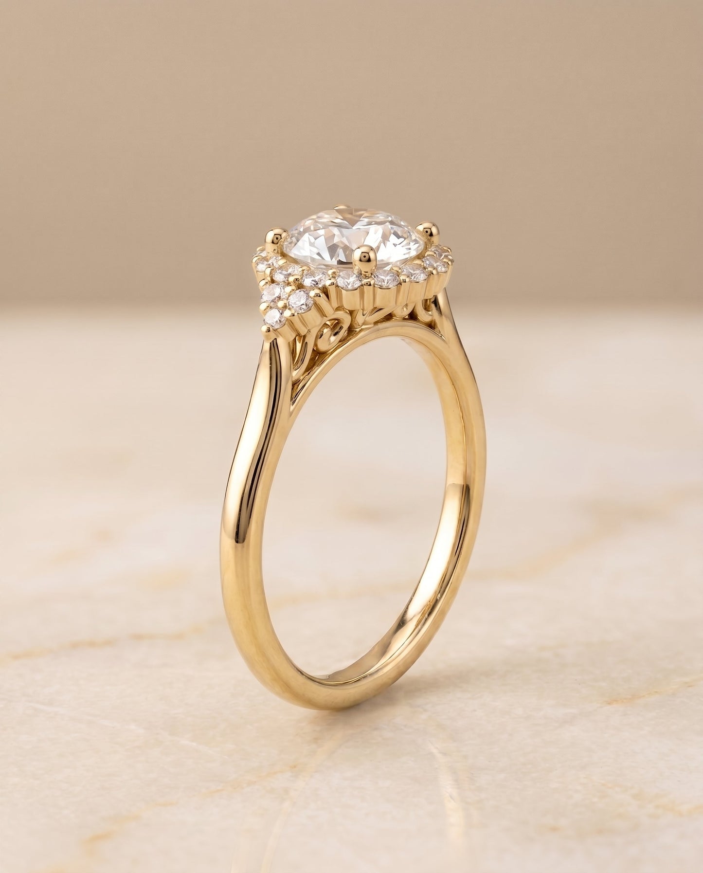 Kai scroll gallery halo engagement ring in 18K yellow gold with round lab diamond — RockHer
