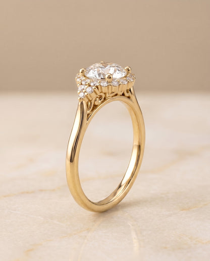 Kai Select Scroll Gallery Halo Round Lab Diamond Engagement Ring in 14K Yellow Gold, front view | RockHer