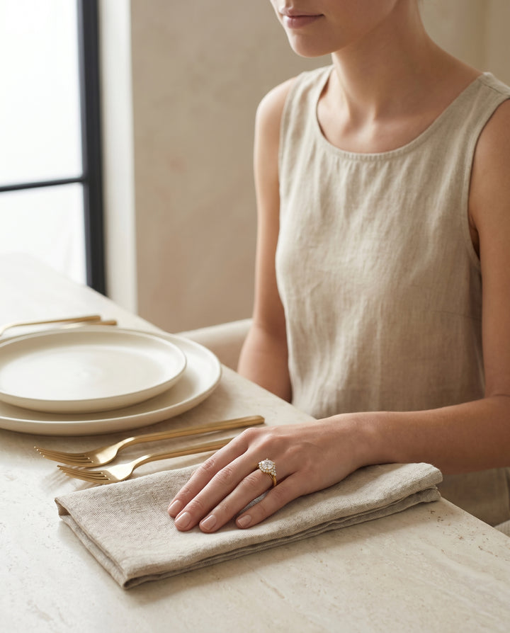 Round Brilliant, Scroll Gallery Halo, in 18K Yellow Gold, pave setting – lifestyle shot | RockHer