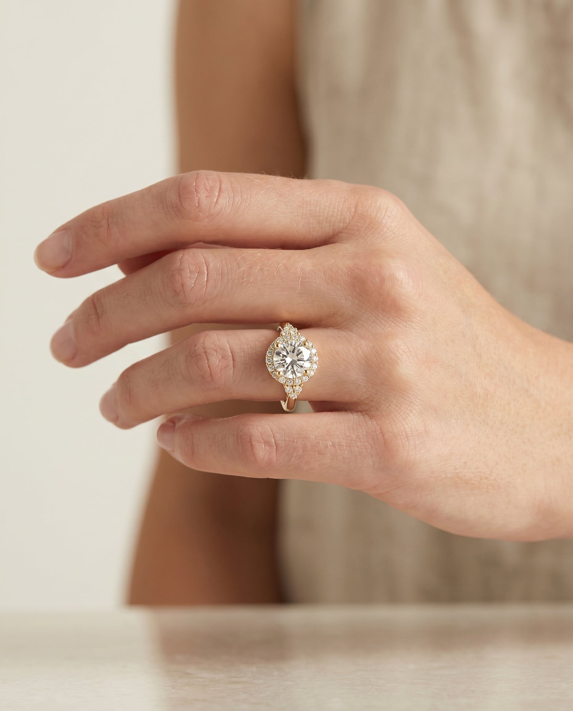 The Kai engagement ring setting in 18K Yellow Gold, scroll gallery halo design | RockHer