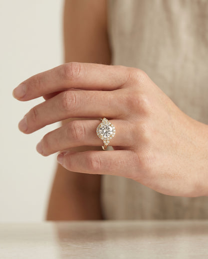 Round Brilliant, Scroll Gallery Halo, in 18K Yellow Gold, pave setting – lifestyle shot | RockHer
