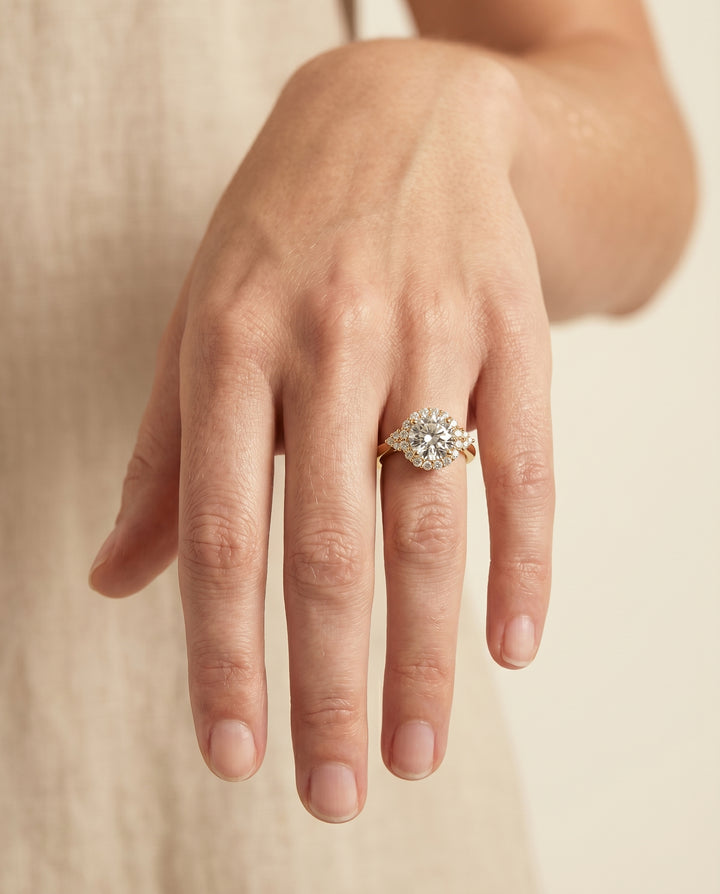 Round Brilliant, Scroll Gallery Halo, in 18K Yellow Gold, pave setting – lifestyle shot | RockHer
