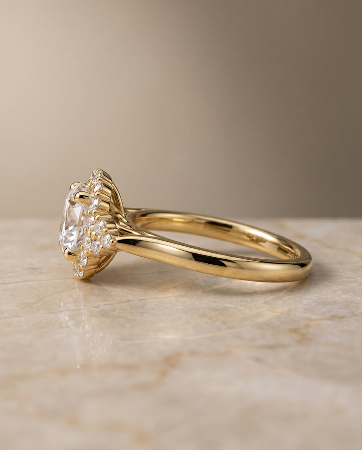 Round Brilliant, Scroll Gallery Halo, in 18K Yellow Gold, pave setting – side profile | RockHer