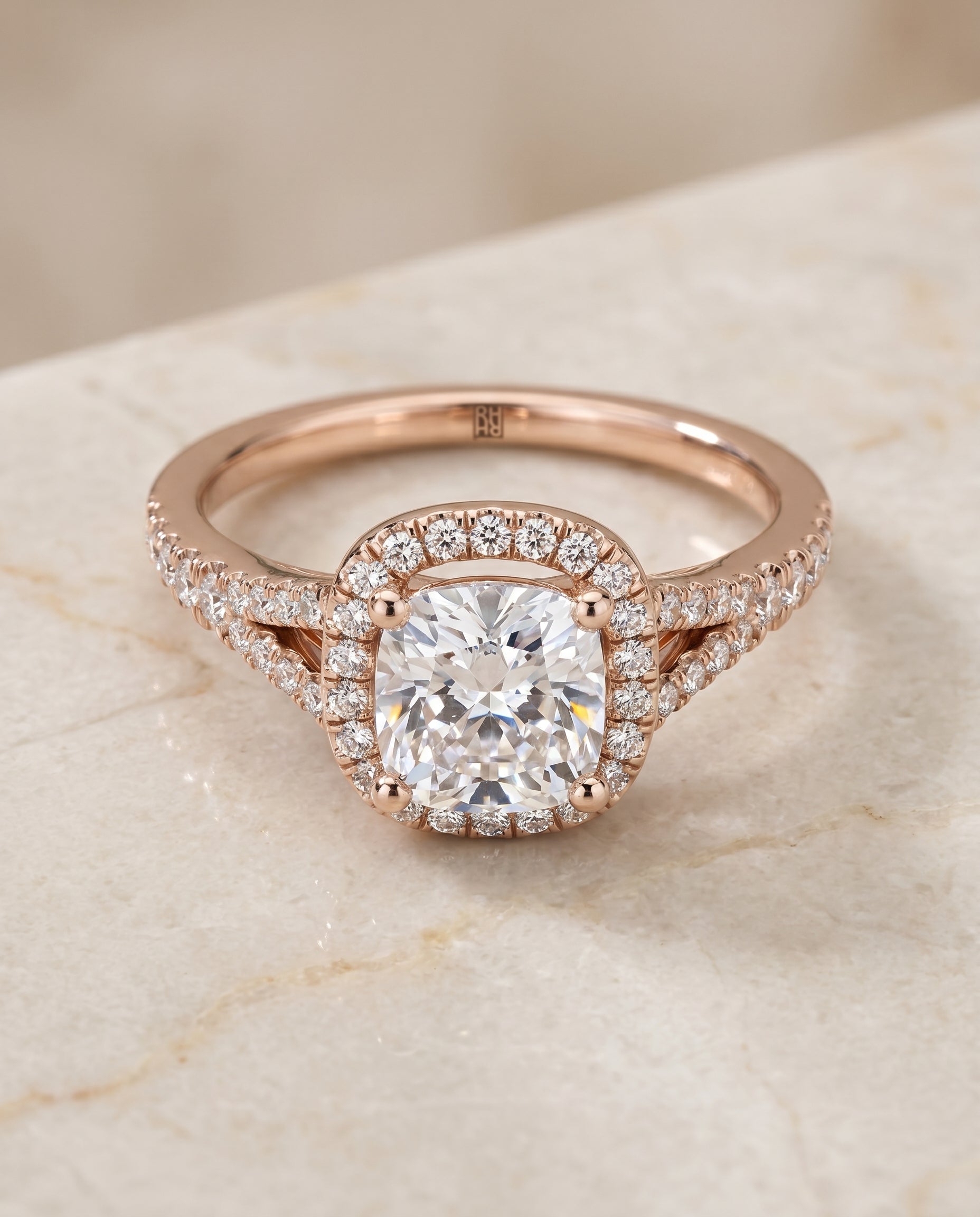 Scroll Gallery Split Shank Halo Cushion, in 14K Rose Gold, pave setting – angled view | RockHer