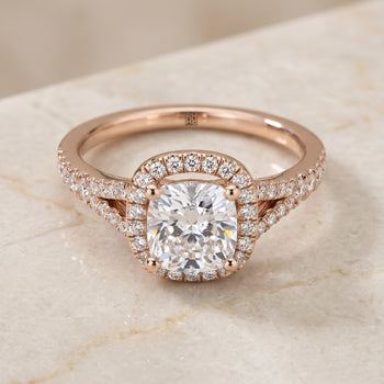 The Vega Scroll Gallery Split Shank Halo Cushion Cut Engagement Ring Setting in 14K Rose Gold