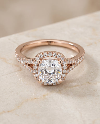 Scroll Gallery Split Shank Halo Cushion, in 14K Rose Gold, pave setting – angled view | RockHer
