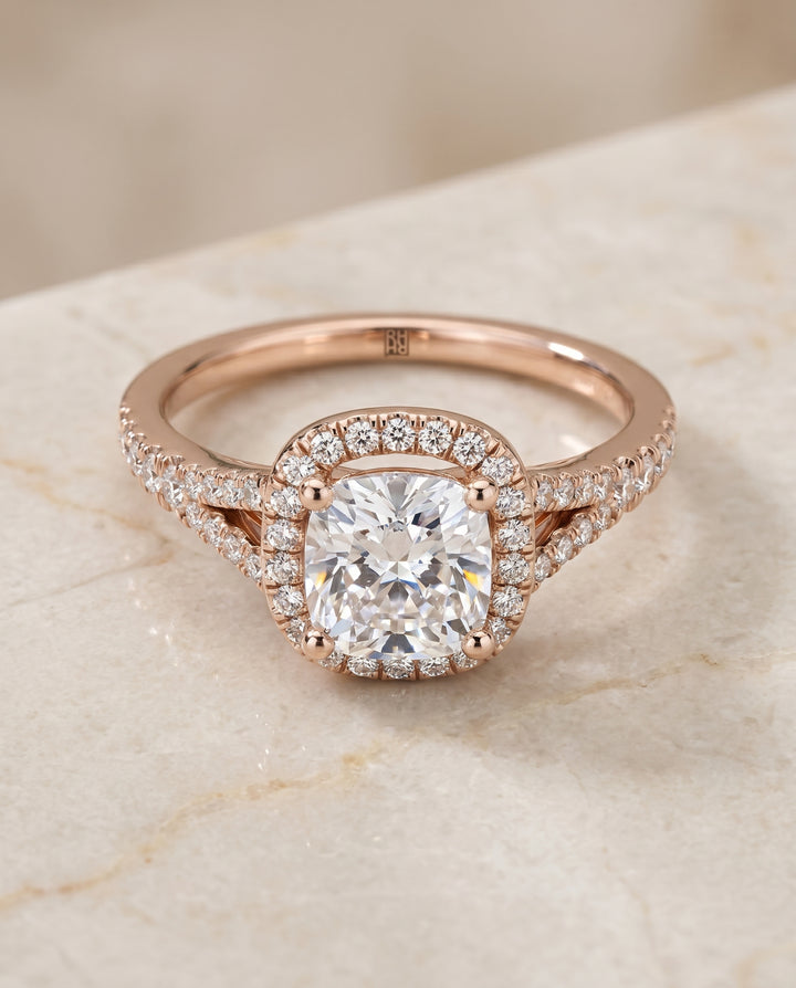 Scroll Gallery Split Shank Halo Cushion, in 14K Rose Gold, pave setting – angled view | RockHer