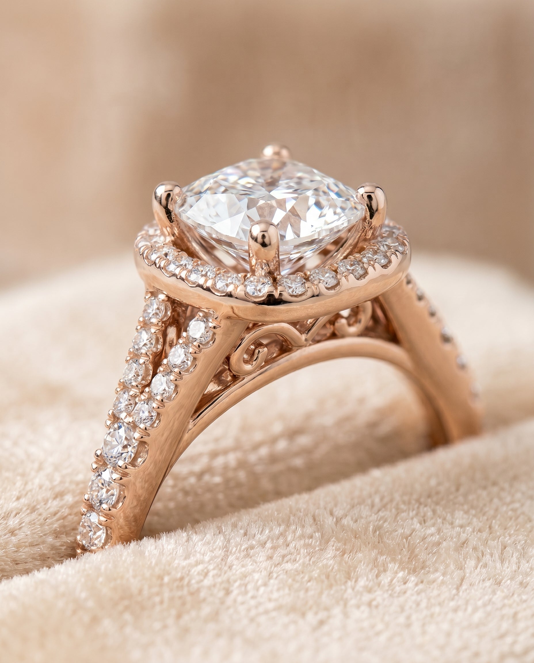 14K Rose Gold band of The Vega cushion engagement ring setting | RockHer