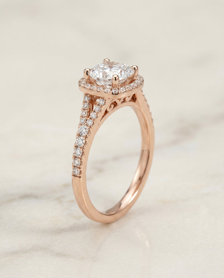Scroll Gallery Split Shank Halo Cushion, in 14K Rose Gold, pave setting – front view | RockHer
