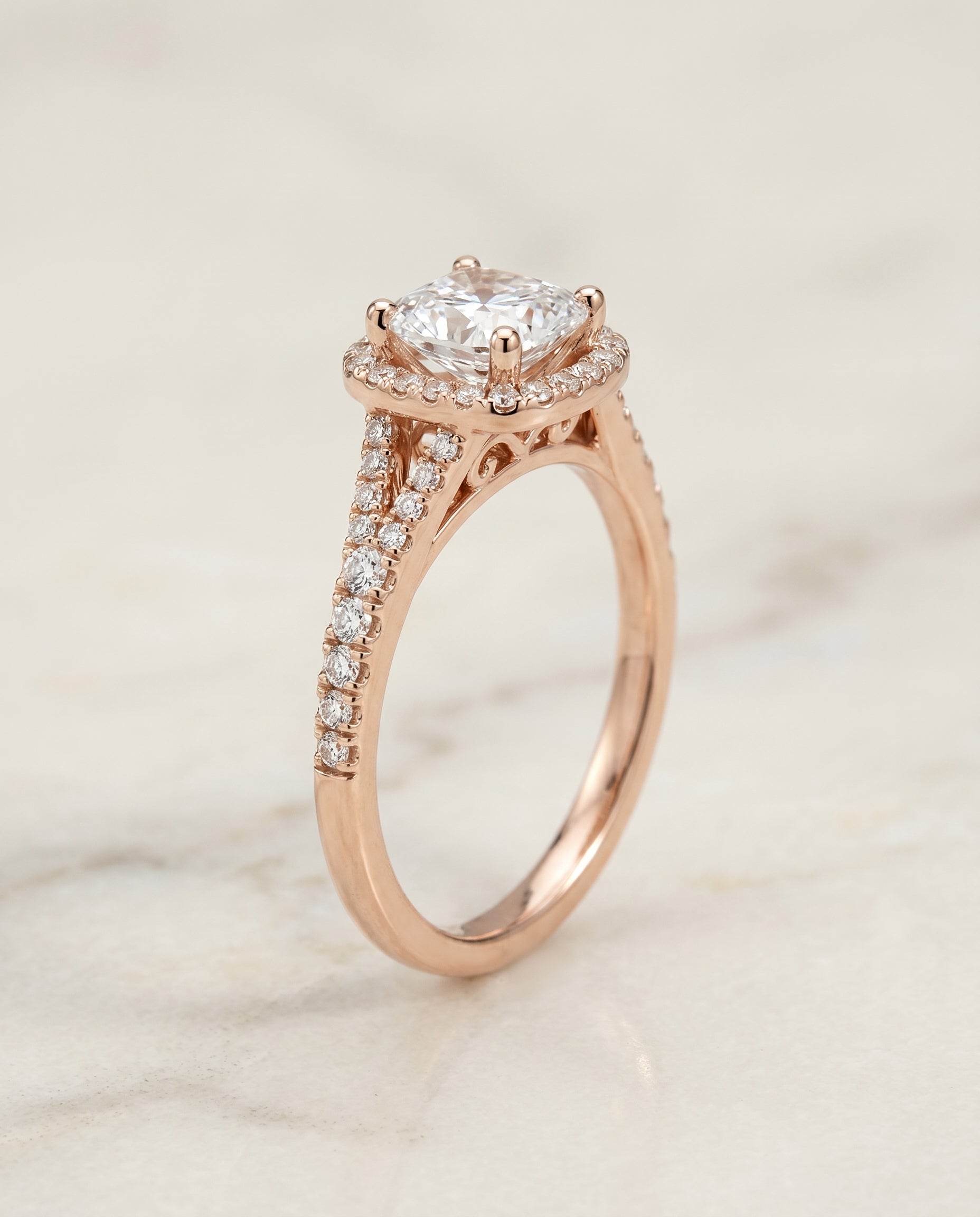 Vega Select Scroll Gallery Split Shank Halo Cushion Cut Lab Diamond Engagement Ring in 14K Rose Gold, front view | RockHer
