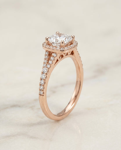 Vega Select Scroll Gallery Split Shank Halo Cushion Cut Lab Diamond Engagement Ring in 14K Rose Gold, front view | RockHer
