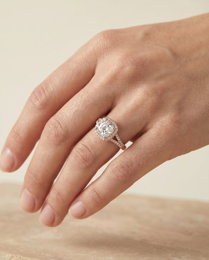 Scroll Gallery Split Shank Halo Cushion, in 14K Rose Gold, pave setting – lifestyle shot | RockHer