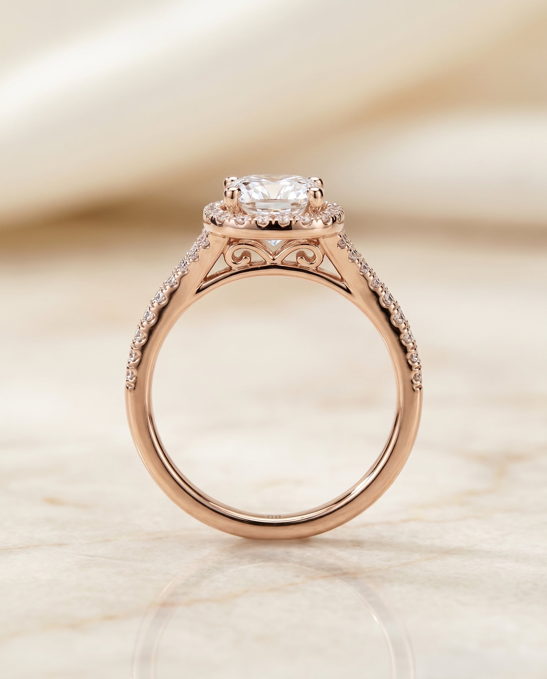 The Vega scroll gallery split shank halo cut engagement ring setting, shown in 14K Rose Gold | RockHer