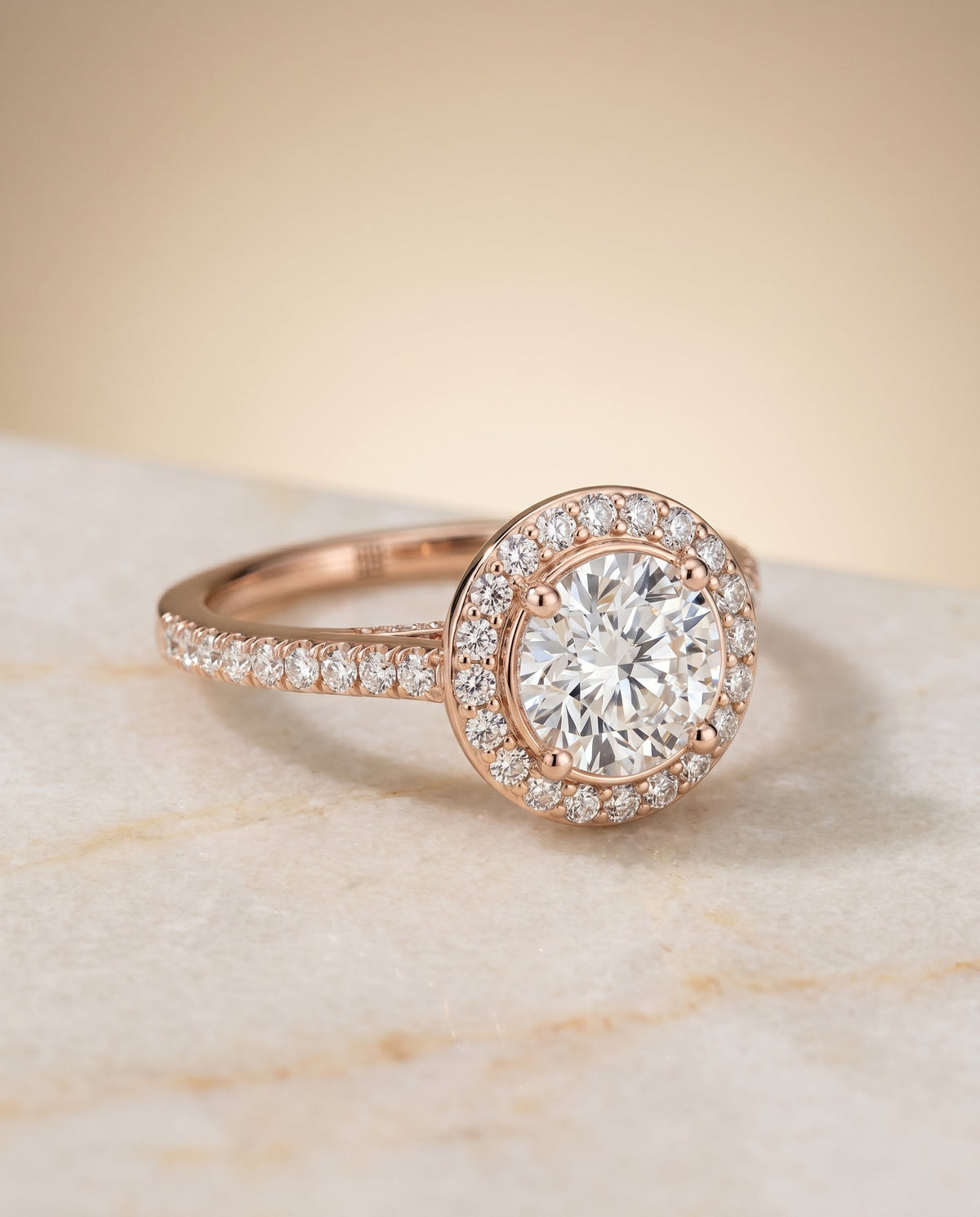 Lucia Select Secret Gallery French Pavé Halo Round Lab Diamond Engagement Ring in 14K Rose Gold, alternate angle | RockHer