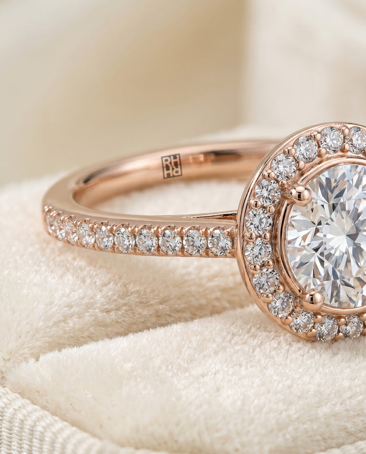 Round Brilliant, Secret Gallery French Pavé Halo, in 14K Rose Gold, pave setting – detail view | RockHer