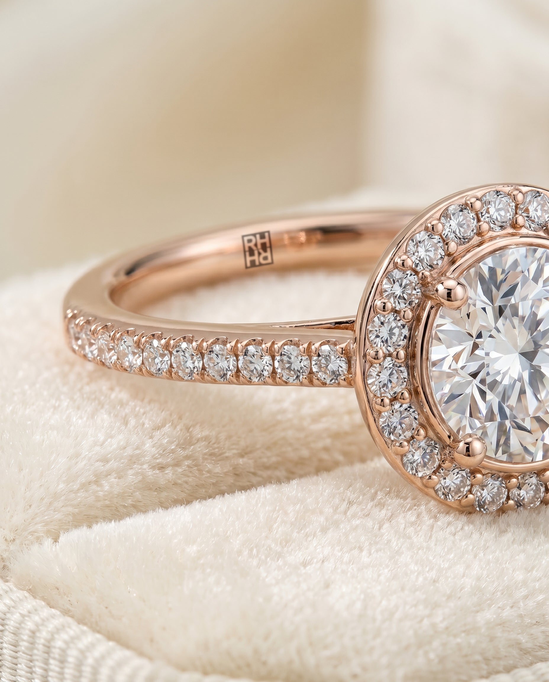 Lucia Select Secret Gallery French Pavé Halo Round Lab Diamond Engagement Ring in 14K Rose Gold, detail view | RockHer