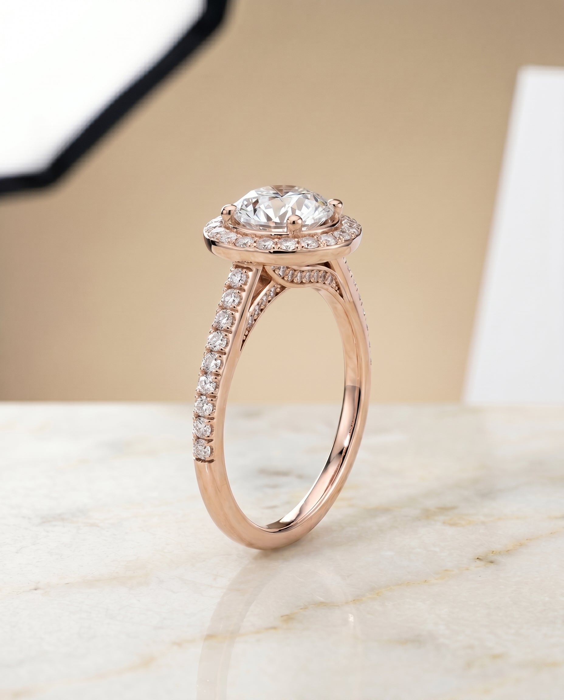 Lucia Select Secret Gallery French Pavé Halo Round Lab Diamond Engagement Ring in 14K Rose Gold, front view | RockHer