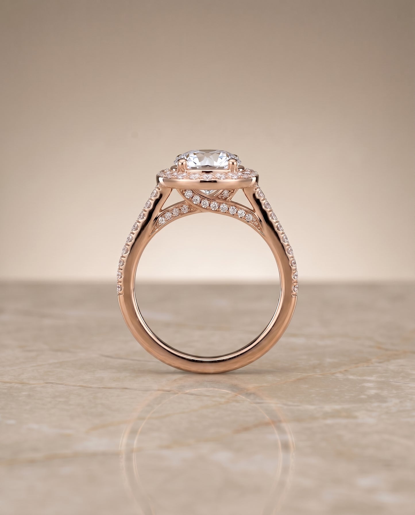 Round Brilliant, Secret Gallery French Pavé Halo, in 14K Rose Gold, pave setting – side profile | RockHer
