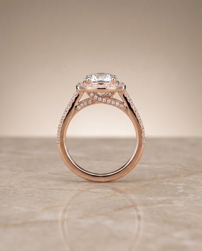 Round Brilliant, Secret Gallery French Pavé Halo, in 14K Rose Gold, pave setting – side profile | RockHer