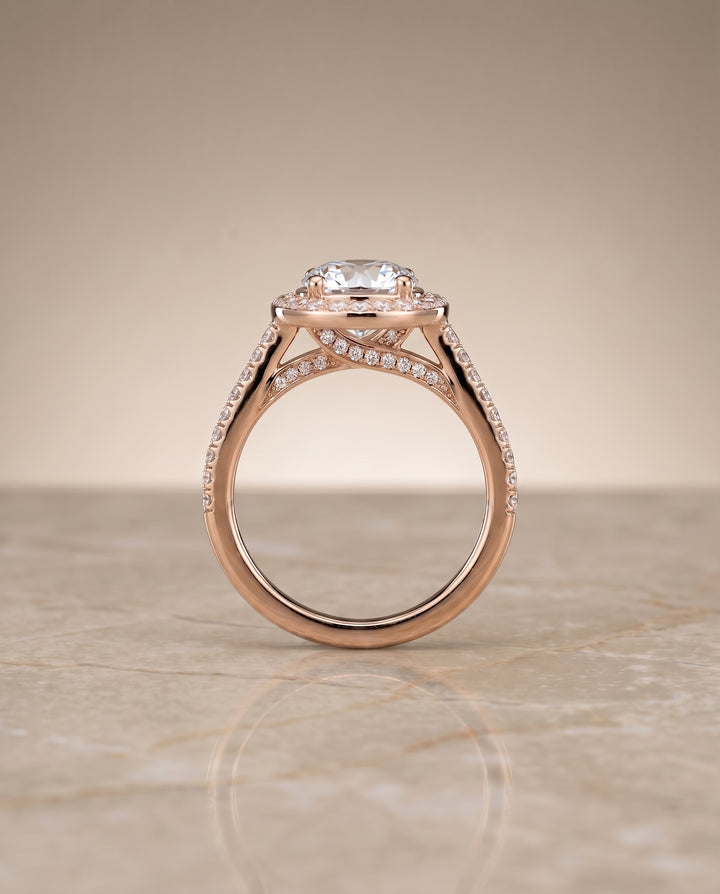 Round Brilliant, Secret Gallery French Pavé Halo, in 14K Rose Gold, pave setting – side profile | RockHer