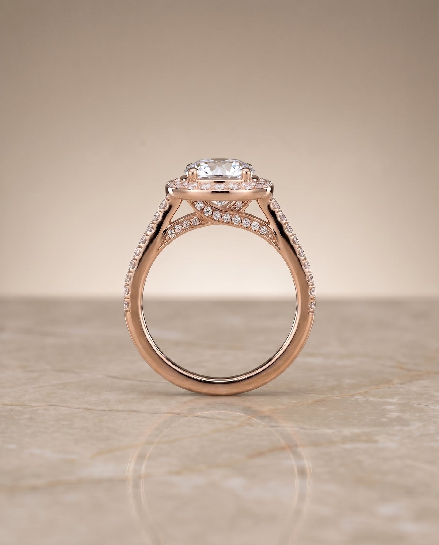 Lucia Select Secret Gallery French Pavé Halo Round Lab Diamond Engagement Ring in 14K Rose Gold, side view | RockHer