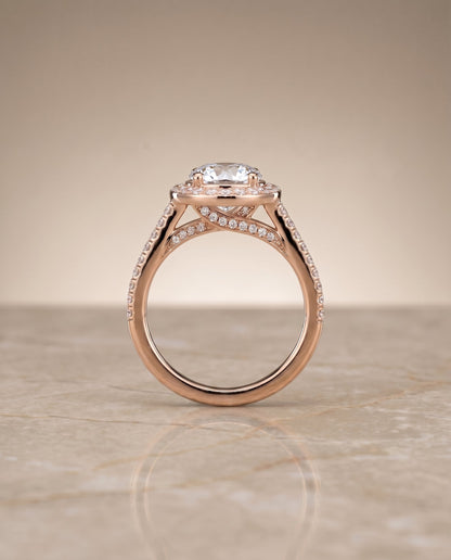 Lucia Select Secret Gallery French Pavé Halo Round Lab Diamond Engagement Ring in 14K Rose Gold, side view | RockHer