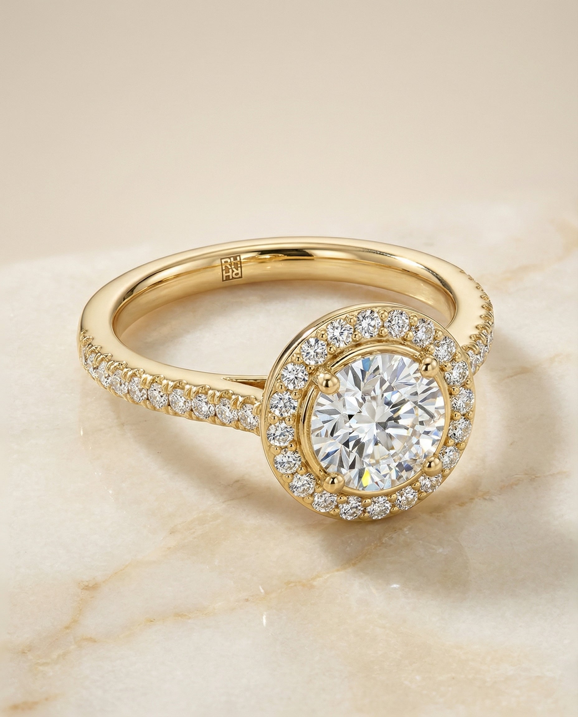 Secret Gallery French Pavé Halo styling on The Lucia round engagement ring setting | RockHer
