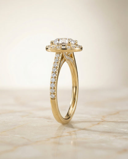 Lucia Select secret gallery french pavé halo round ring in 14K Yellow Gold — side — RockHer