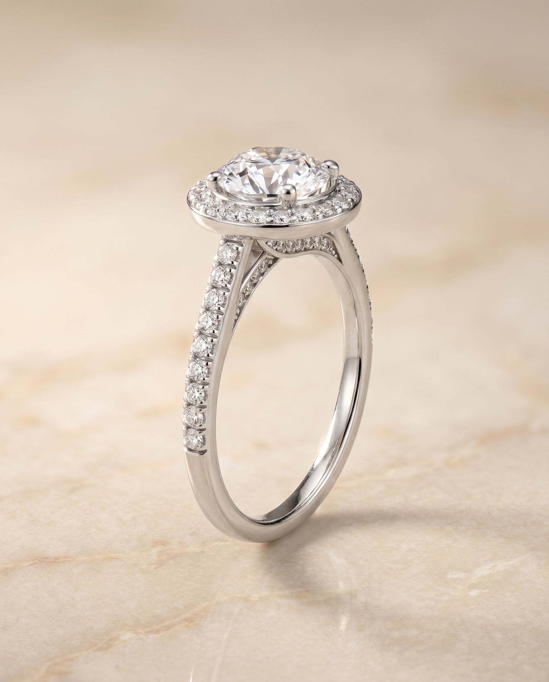 The Lucia secret gallery french pavé halo engagement ring setting, shown in 18K White Gold | RockHer