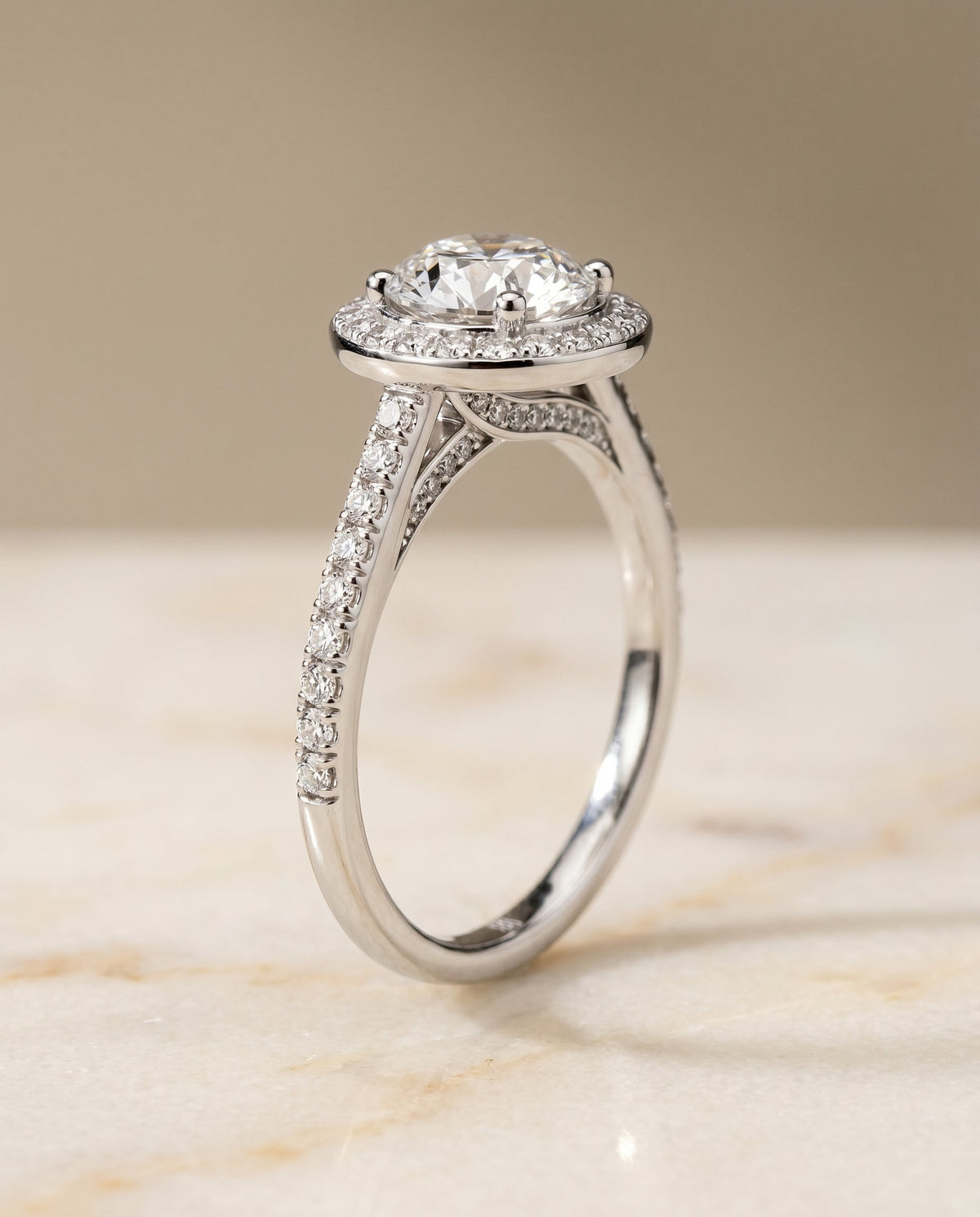 Lucia secret gallery french pavé halo engagement ring in 18K white gold with round lab diamond, RockHer