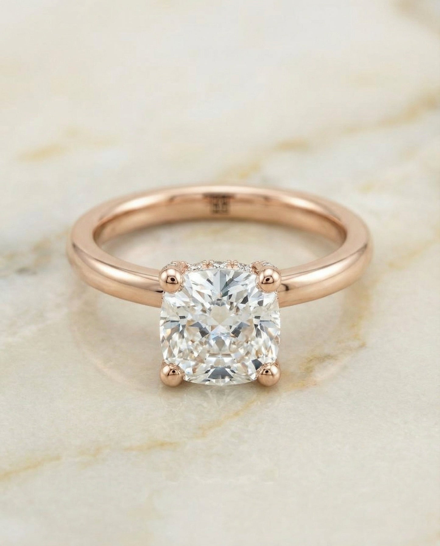 Lana Select Secret Halo Adorned Prong Solitaire Cushion Engagement Ring in 14K Rose Gold with Cushion Ideal Cut Lab Diamond — D/VVS1 | IGI Certified