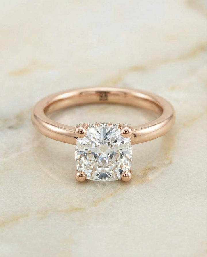 Lana Select Secret Halo Adorned Prong Solitaire Cushion Engagement Ring in 14K Rose Gold with Cushion Ideal Cut Lab Diamond — D/VVS1 | IGI Certified