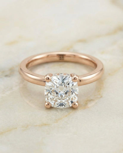Lana Select Secret Halo Adorned Prong Solitaire Cushion Cut Lab Diamond Engagement Ring in 14K Rose Gold, alternate angle | RockHer