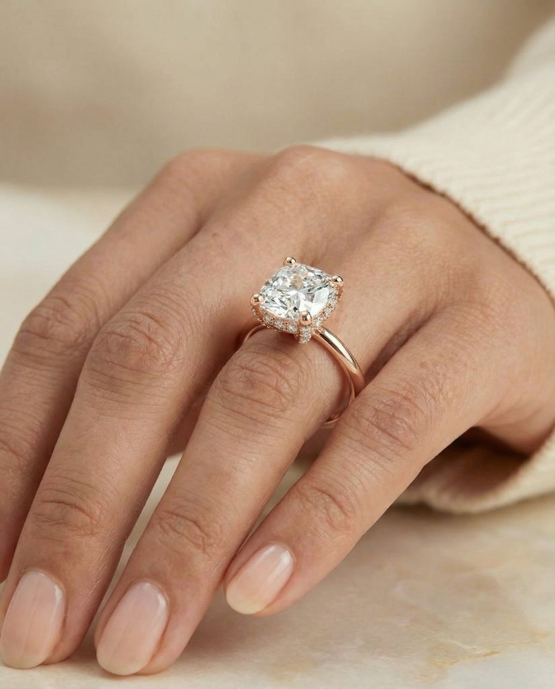 The Lana engagement ring setting in 14K Rose Gold, secret halo adorned prong solitaire cut design | RockHer
