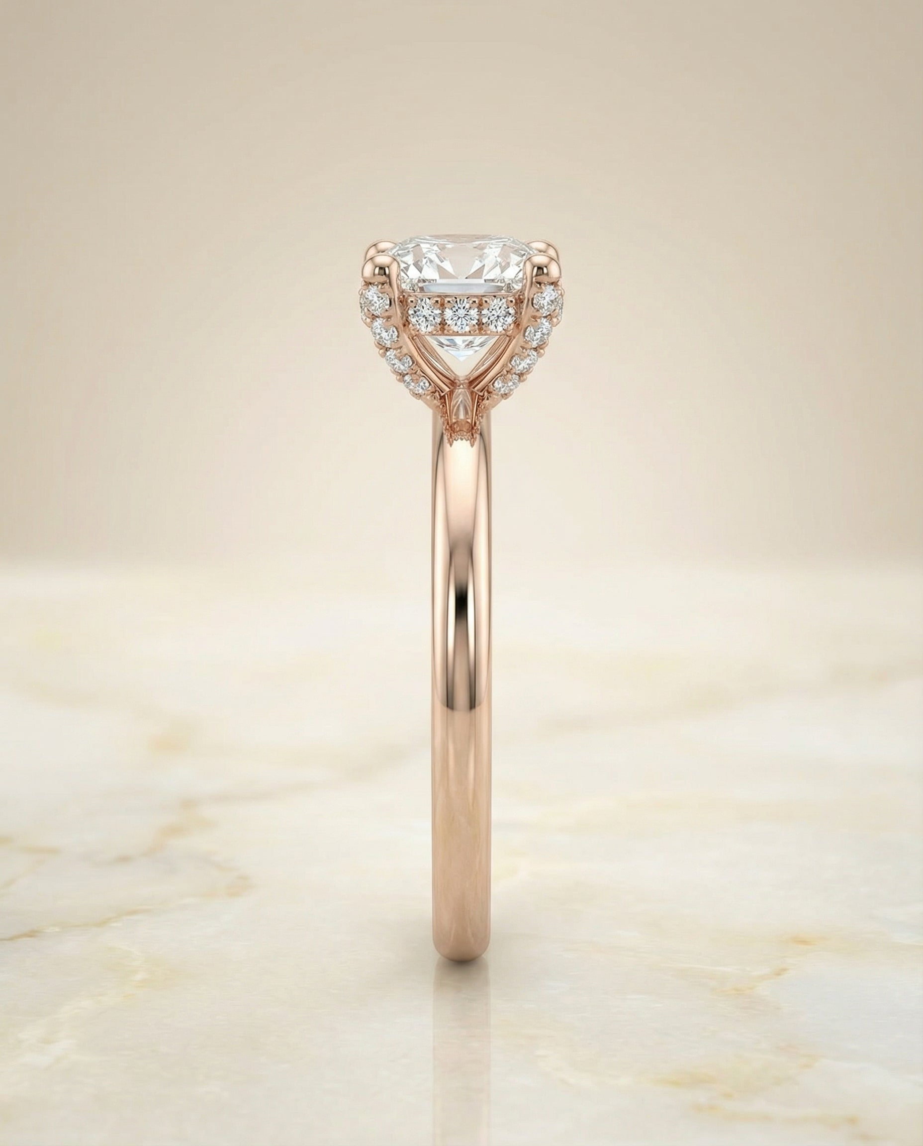 The Lana secret halo adorned prong solitaire cut engagement ring setting, shown in 14K Rose Gold | RockHer