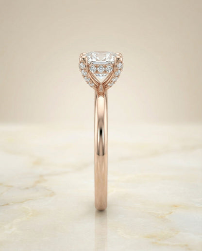 Secret Halo Adorned Prong Solitaire Cushion, in 14K Rose Gold – side profile | RockHer