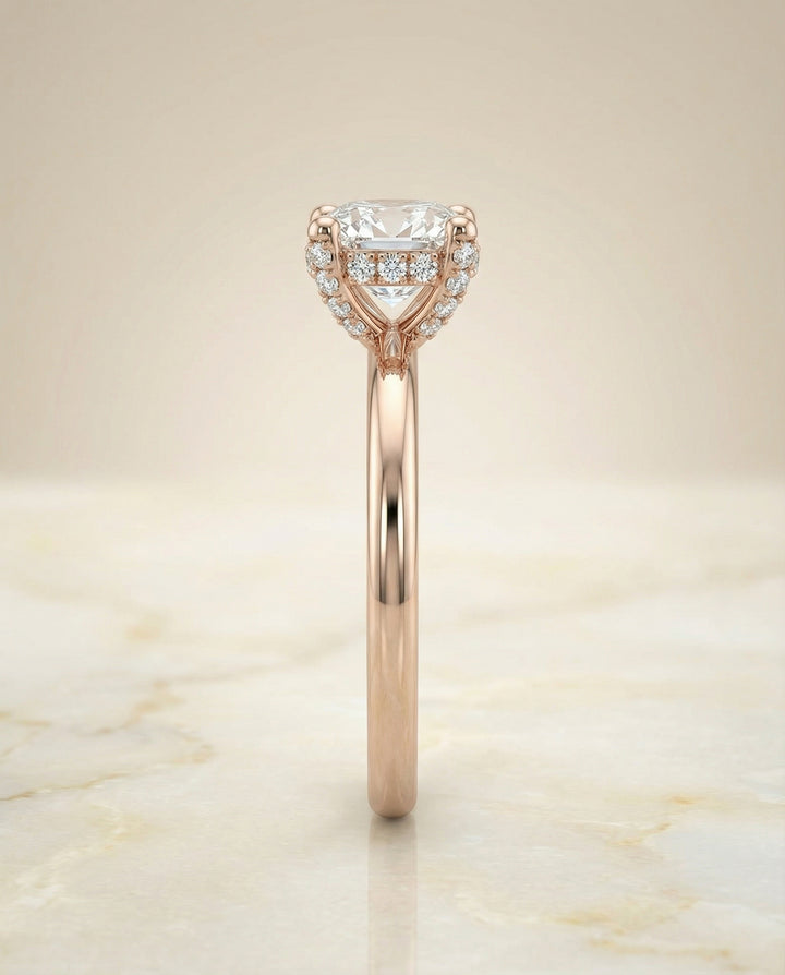 Secret Halo Adorned Prong Solitaire Cushion, in 14K Rose Gold – side profile | RockHer