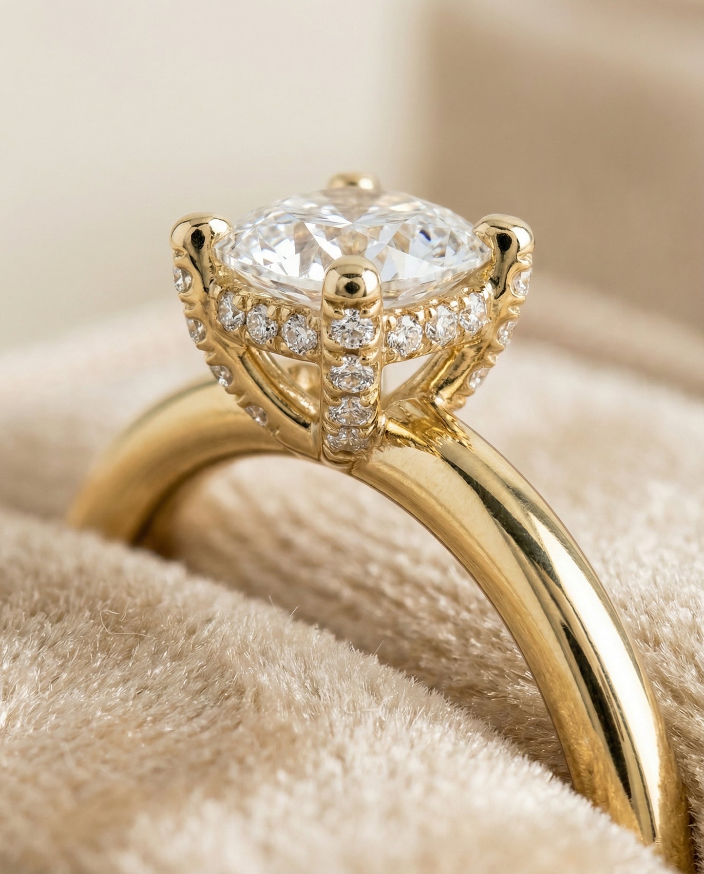 Secret Halo Adorned Prong Solitaire Cushion, in 18K Yellow Gold – detail view | RockHer