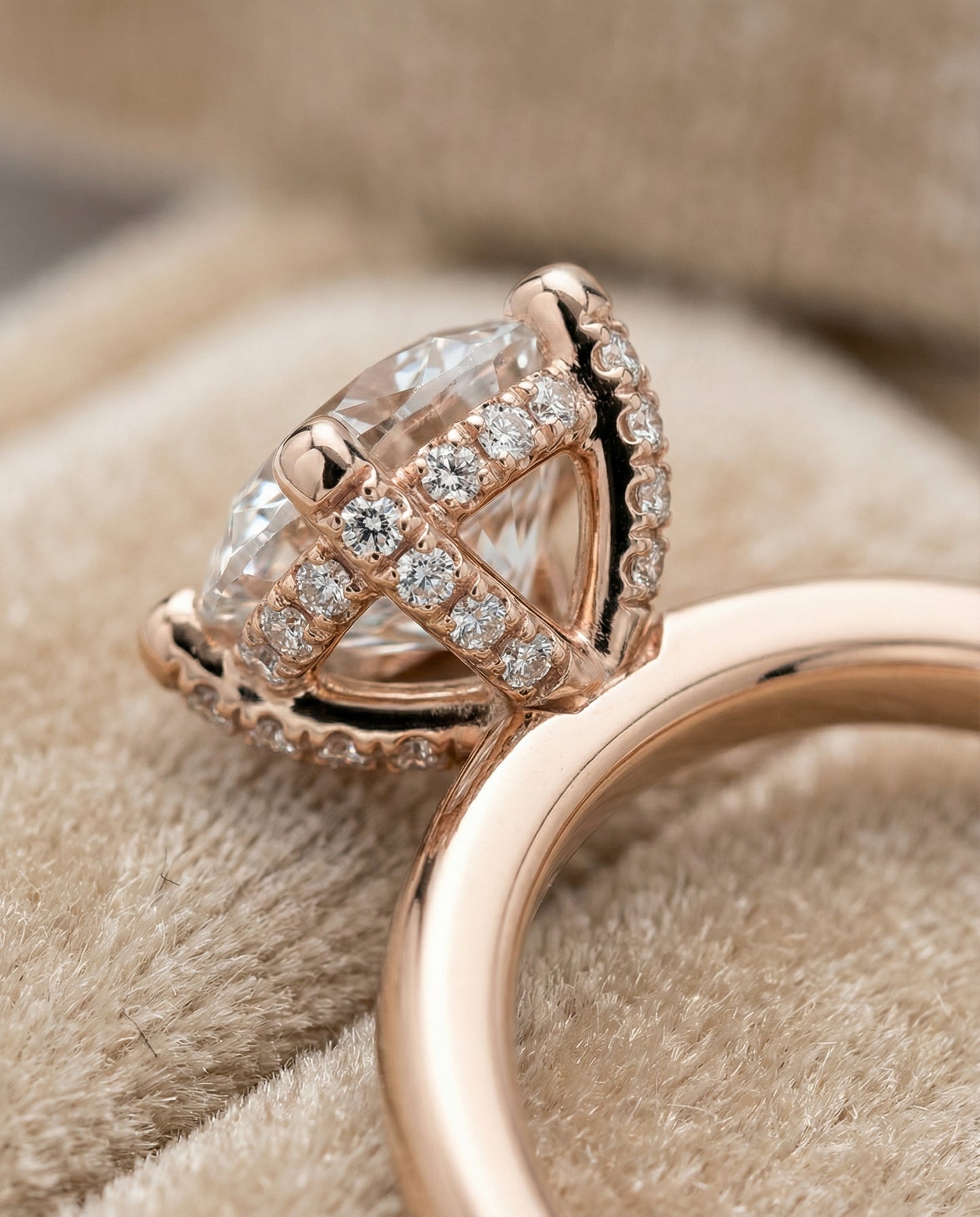 Round Brilliant, Secret Halo Adorned Prong Solitaire, in 14K Rose Gold – detail view | RockHer