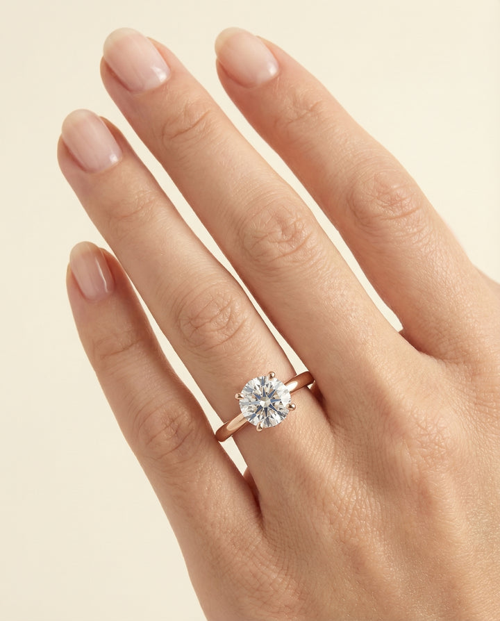 Round Brilliant, Secret Halo Adorned Prong Solitaire, in 14K Rose Gold – lifestyle shot | RockHer
