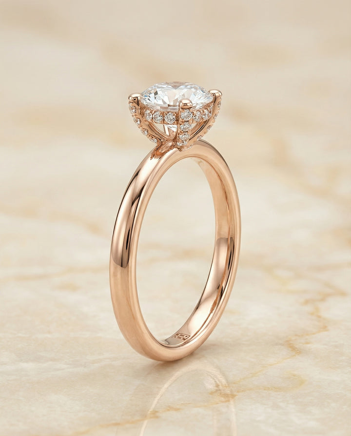 Round Brilliant, Secret Halo Adorned Prong Solitaire, in 14K Rose Gold – side profile | RockHer