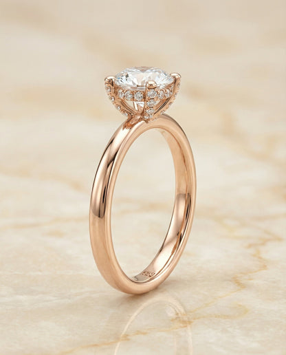 Lana Select secret halo adorned prong solitaire round ring in 14K Rose Gold — side — RockHer