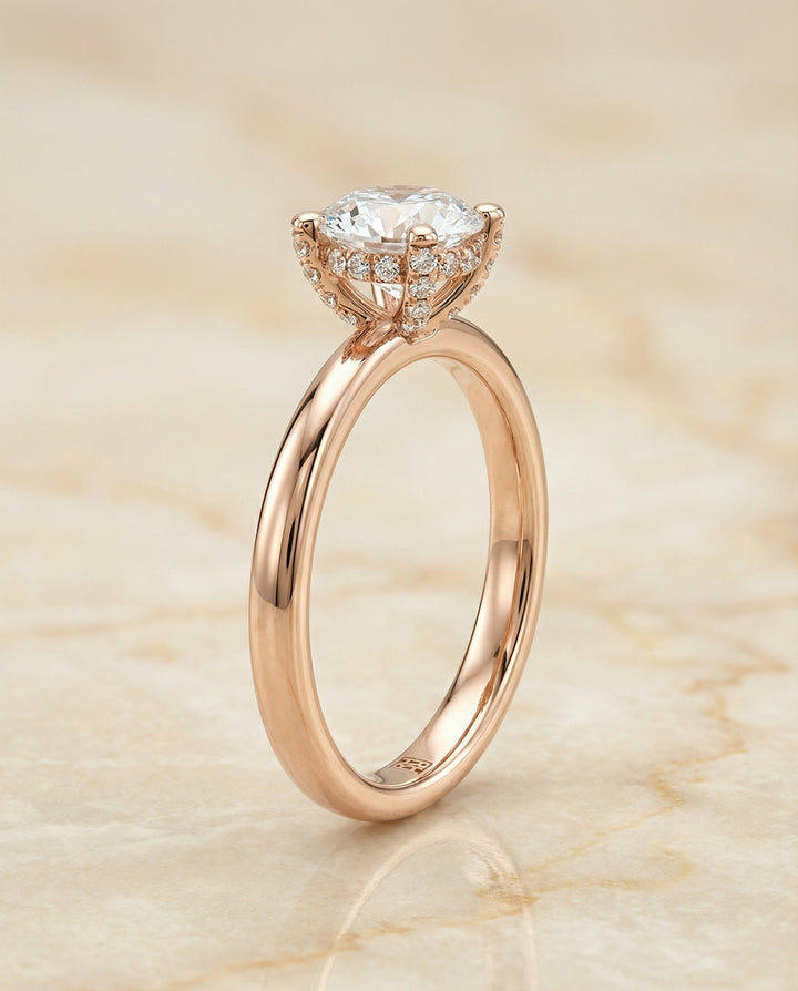 Lana Select Secret Halo Adorned Prong Solitaire Round Lab Diamond Engagement Ring in 14K Rose Gold, side view | RockHer